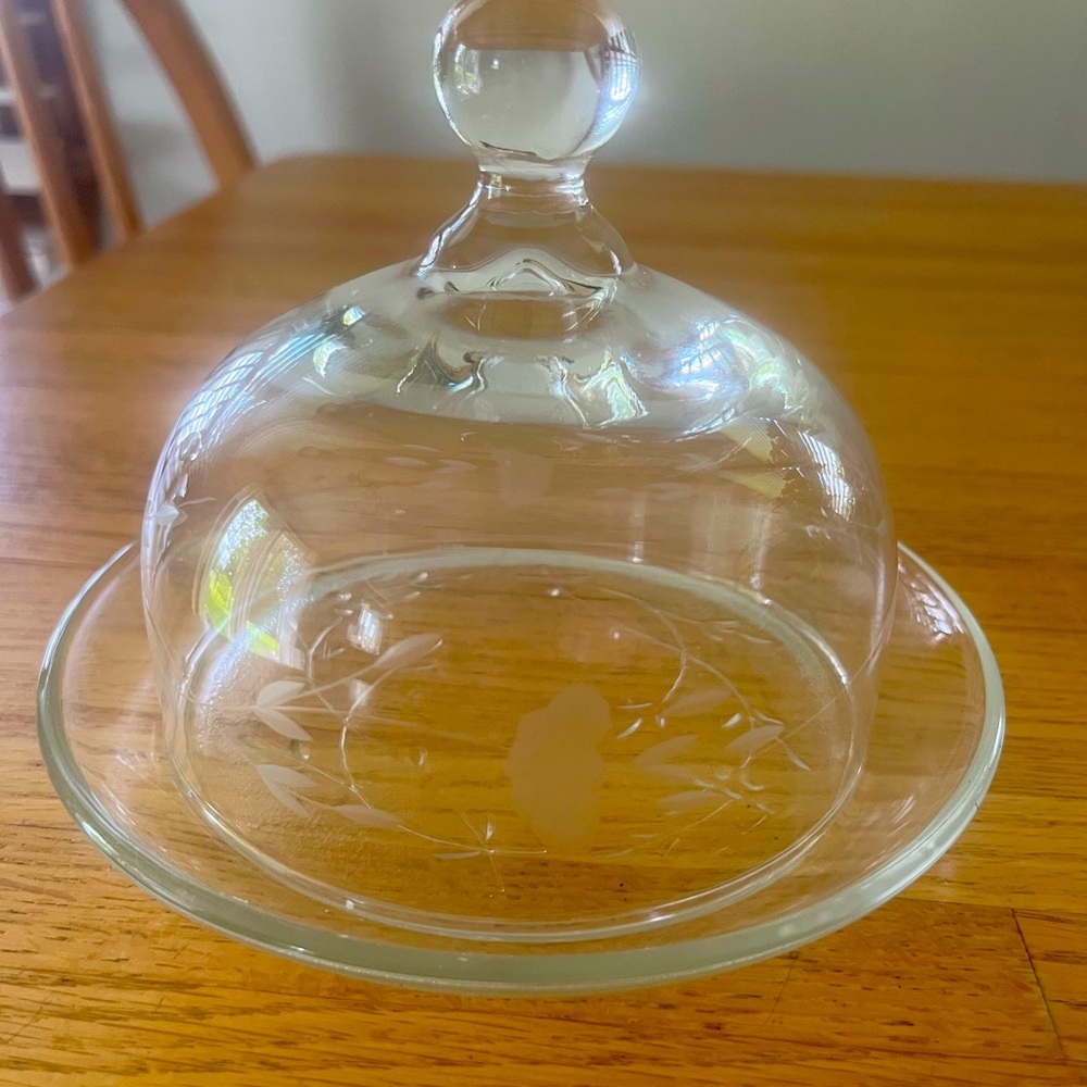Dome 6” Round Vintage Butter Dish Floral Etched Glass EUC
